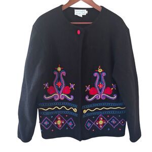 Vintage Womens Holiday Wool Sweater Jacket Size Small S Black Artsy Colorful 80s